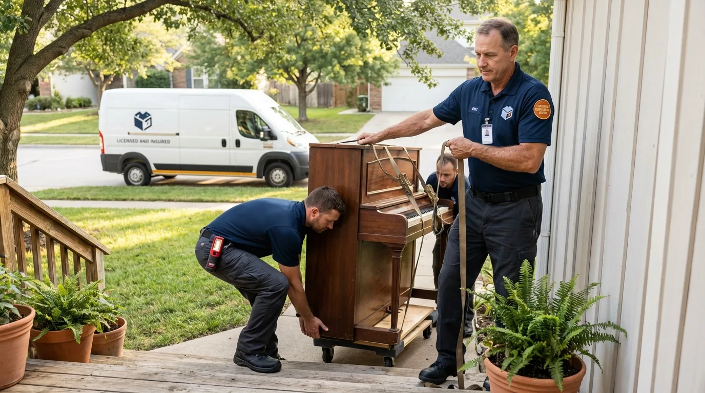 Licensed piano movers securing grand piano in Orford, NH