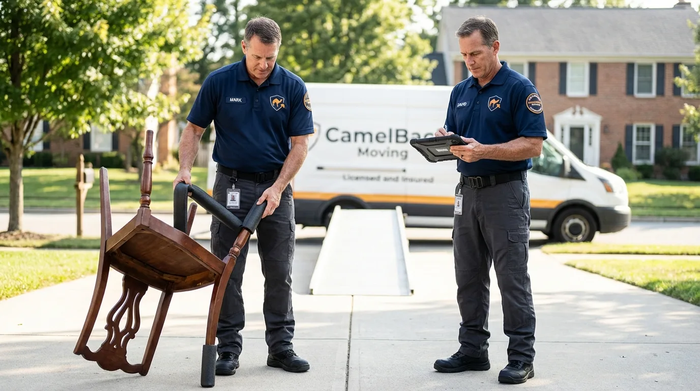 Movers inspecting furniture for damage prevention before loading in Orford, NH