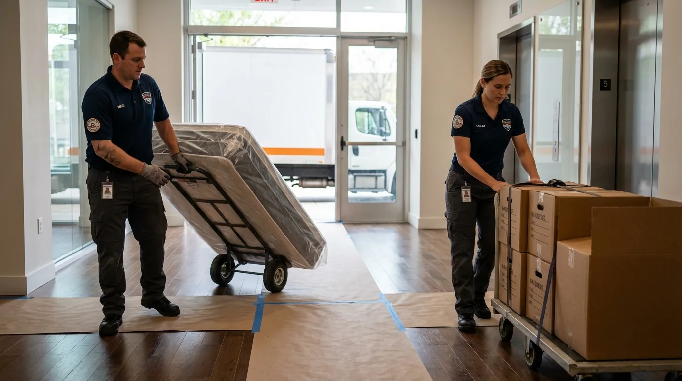Professional apartment movers loading elevator in Orford, NH