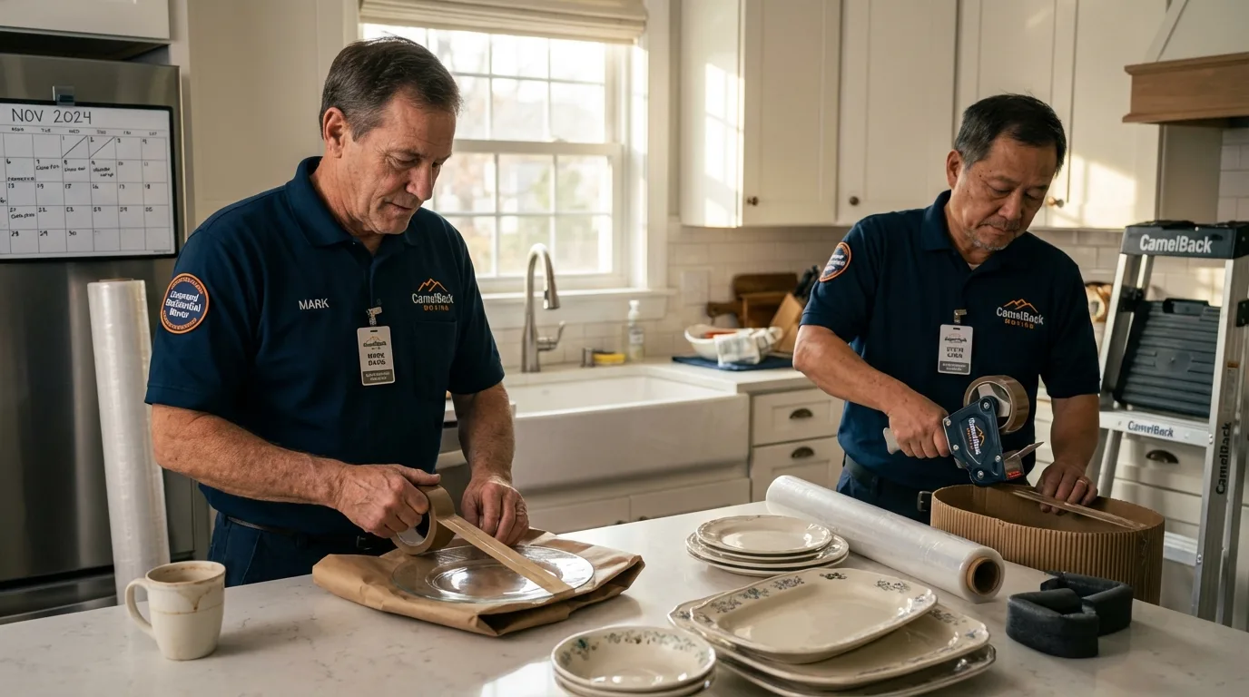 Professional crew packing kitchen dishware in Orford, NH